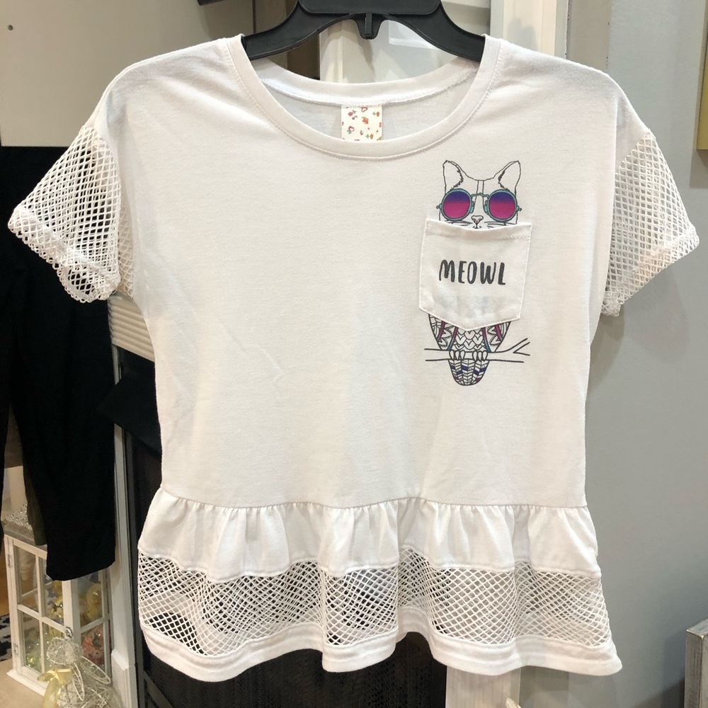 Belle du Jour Girls Short Sleeve Meowl Cat Owl Mesh Blouse Shirt Top